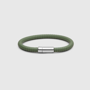 The rubber bracelet in green with stainless steel clasp. FKM fluoroelastomer rubber – Fully waterproof. White background.